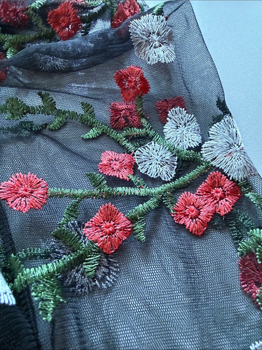 Floral Sheer-Sleeve Embroidered Women's Top, Long Cuffs, Black, Size L - Picture 6 of 9